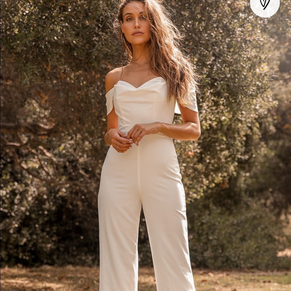 Lulus - Winning Love Ivory Off-the-Shoulder Wide-Leg Jumpsuit